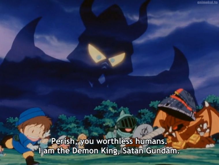 screenshot from SD Gundam Gaiden. Satan Gundam in shadow with glowing yellow eyes is looming over a forest scene with some people running scared while being attacked by zeon mobile suits (SD style). Text on screen says "Perish, you worthless humans. I am the Demon King, Satan Gundam."