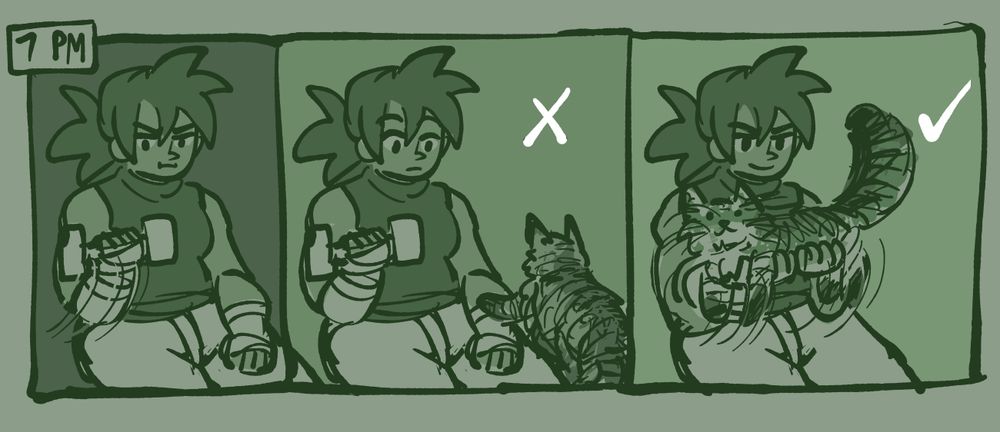 a 3 panel comic of my gundam fancharacter coldstone subbing in for me for hourly comic book day.

panel 1:
(7 pm)
coldstone is doing some weight lift training with very badly drawn weights. no dialogue.

panel 2: 
my cat (juno) has come up to coldstone and put a paw on her arm. there is a big X above her. no dialogue.

panel 3: 
coldstone is weightlifting using juno and juno looks happy about it. the X is now a checkmark.