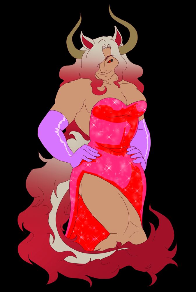 marhaz in the jessica rabbit sparkly dress with his tail curled around him 