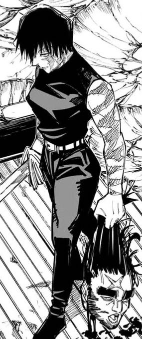 Panel from JJK manga showing Maki covered in scars, carrying the head of Zen’in Junichi 