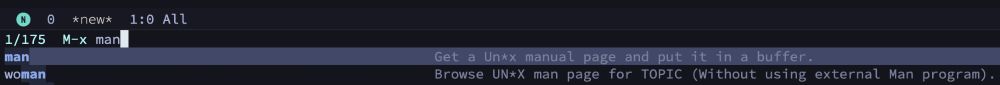 Screenshot of two emacs commands: man (which searches the Un*x manual) and woman (which does the same without using the external Man program)