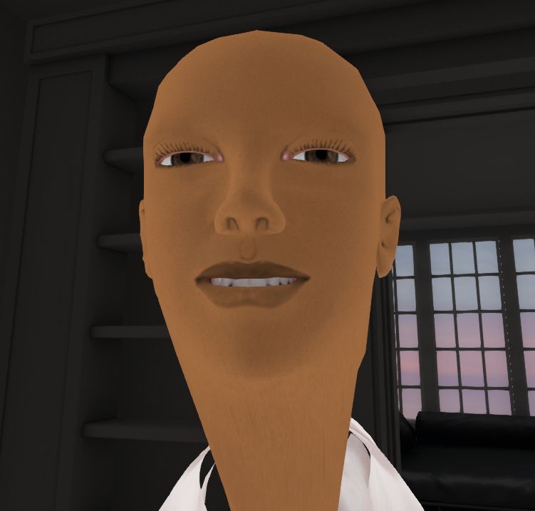 screenshot from secondlife. a human is in the center of the screen with a glitching body. the neck of the human is elongated to an uncanny-valley looking ruth having a smug smile on their face. the human's skin is orange.