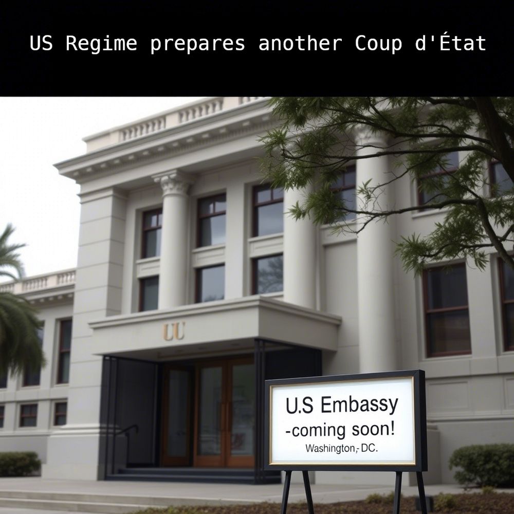 Referência a antiga piada brasileira: "os EUA nunca sofreram Golpe de Estado, porque em Washington não tem uma Embaixada dos EUA"