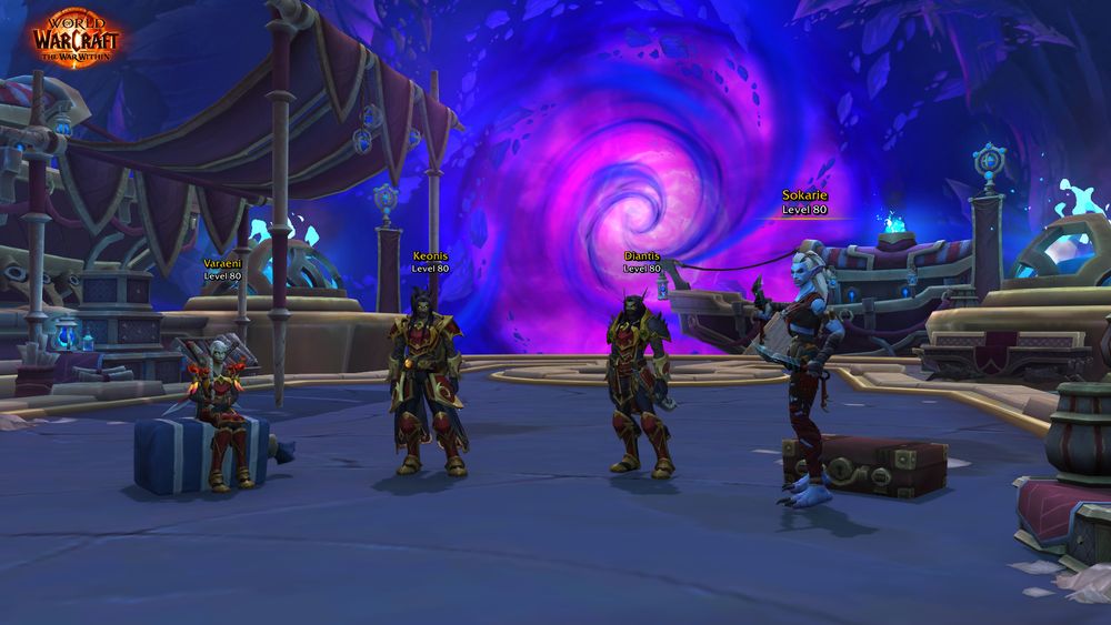 A warband setup featuring Varaeni, my blood elf monk, Keonis, my blood elf paladin, Diantis, my blood elf rogue, and Sokarie, my drakkari/darkspear rogue. A whirling vortex of void shenanigans is going on in the background.