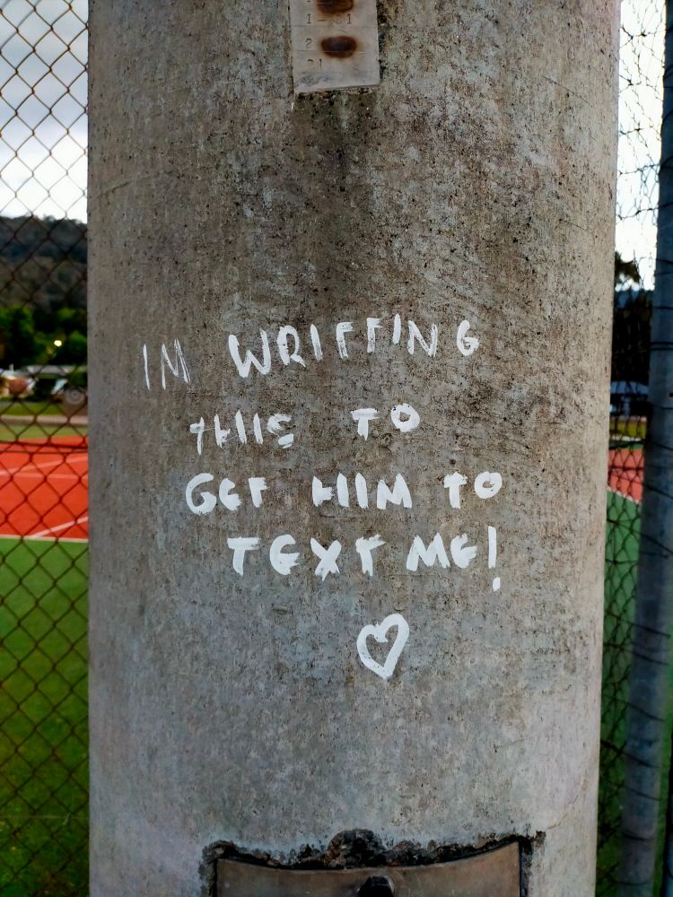 Graffiti on a concrete pole that says "I'm writing this to get him to text me!"