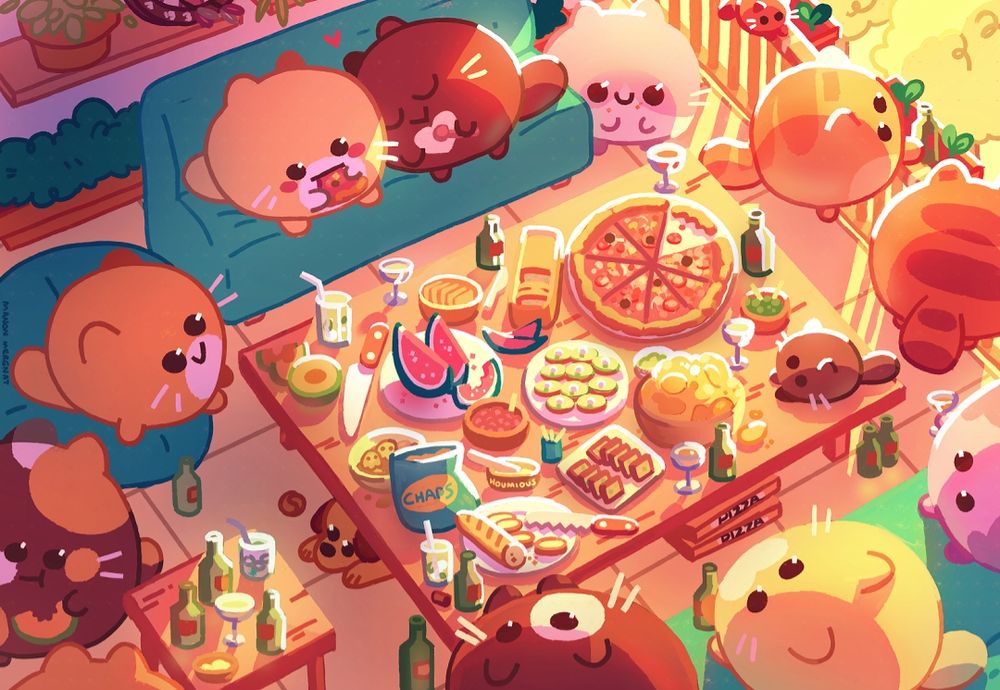 Little cute round cats around a table drinking beer and eating pizza