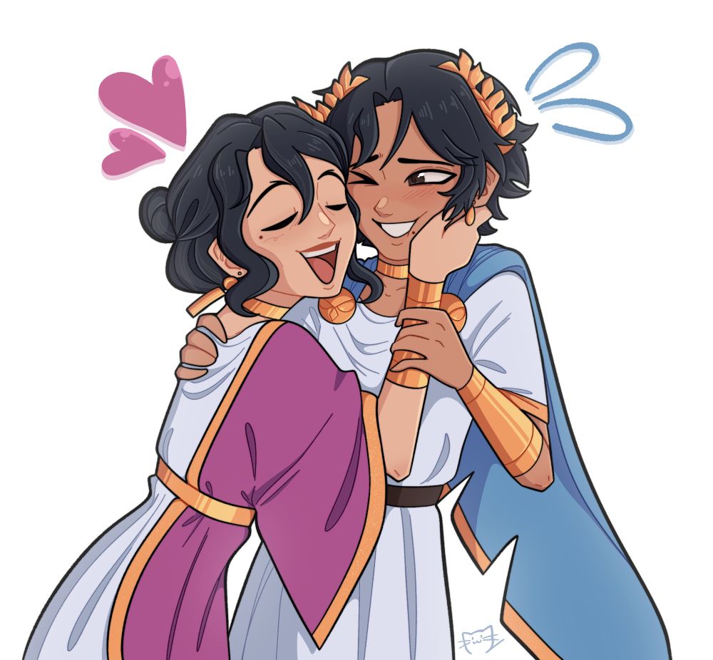 a digital illustration of Penelope and Telemachus from Epic the Musical. Penelope is smooshing Telemachus’s face, smiling big and proud rubbing their cheeks together, he’s smiling embarrassed, grabbing her one arm and shoulder.