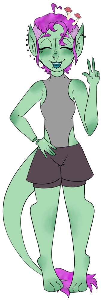 A green skinned, pink haired humanoid with a tail tipped with hair and digitigrade legs. They have multiple facial piercings and two mushrooms growing out of their hair. They have a disembodied floating hand on one side. They are wearing a grey leotard with darker grey shorts over top of them