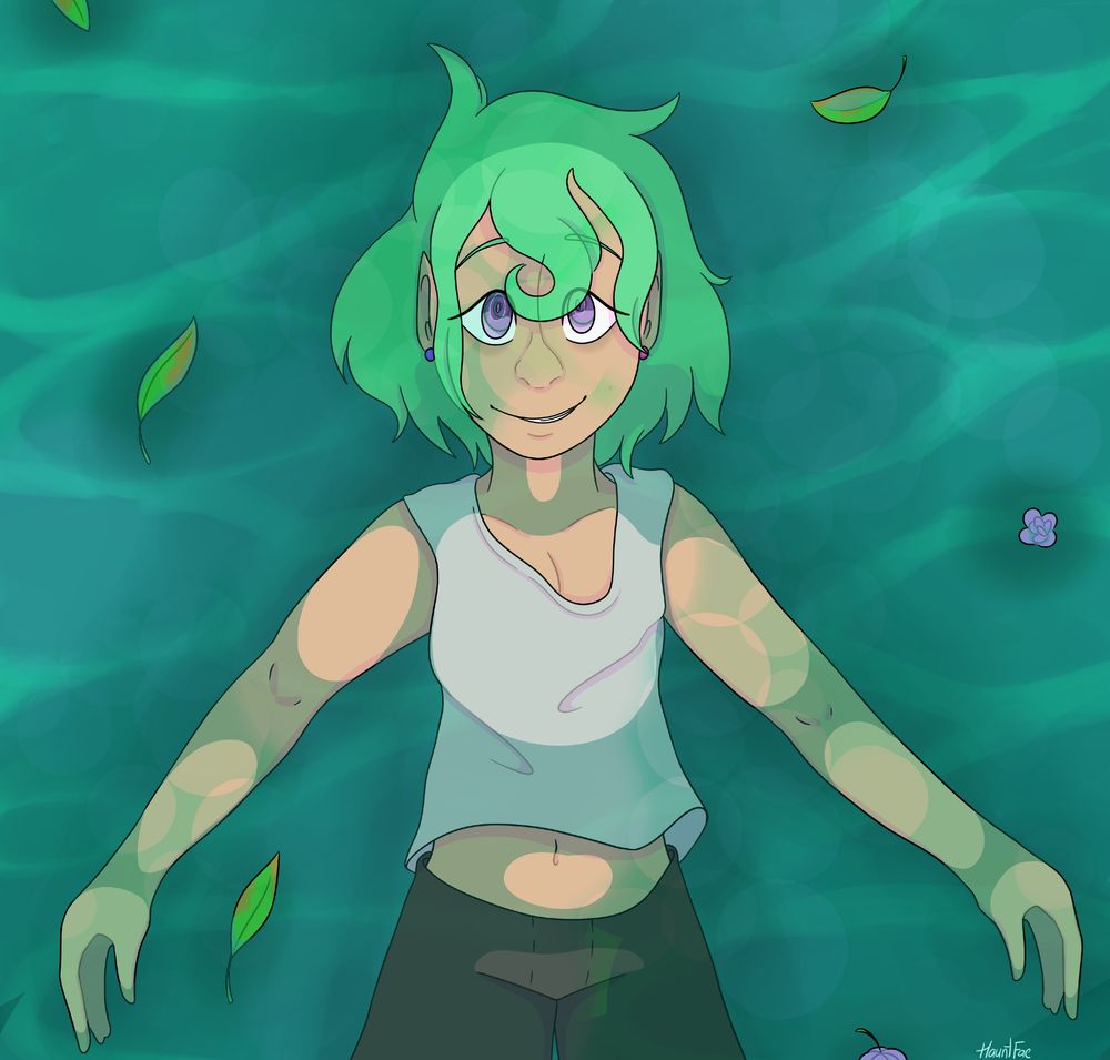 Illustration of a green haired gender neutral appearing person floating in water. Parts of them are submerged. Flowers and leaves float in the water around them