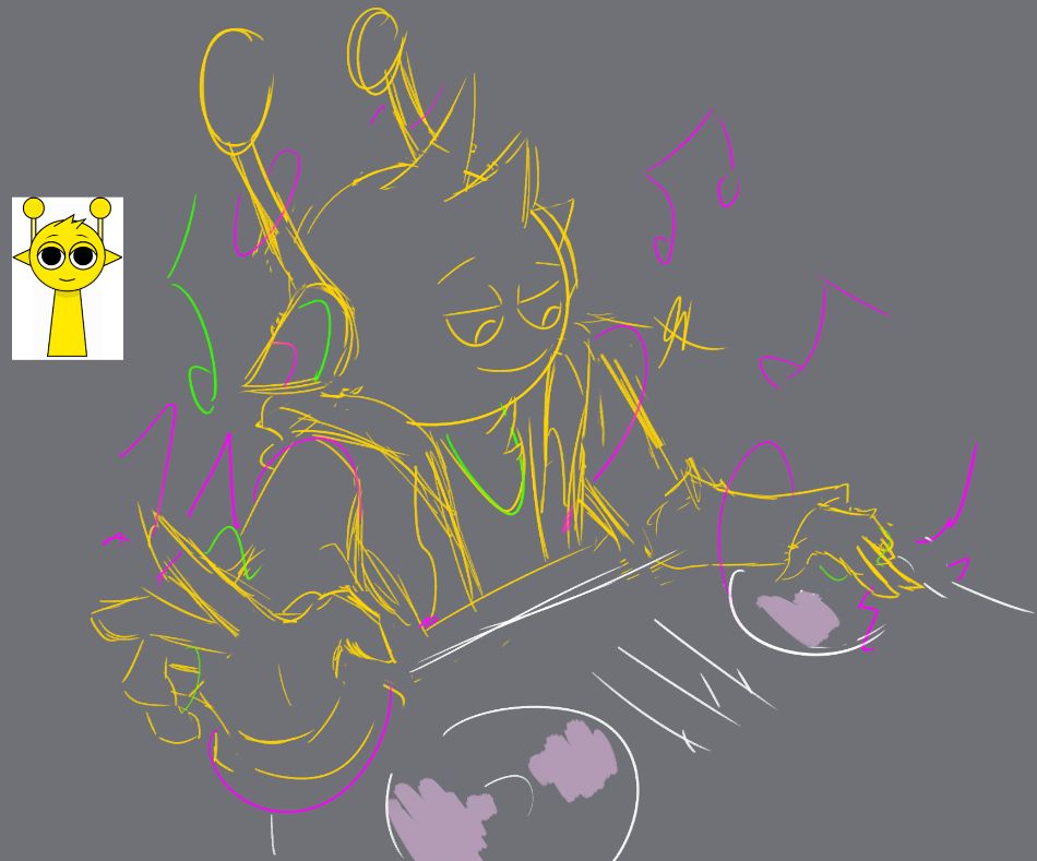 Simon from Sprunki on a DJ Booth with a joyous expression, spinning a disc. Simon is wearing a hoodie with neon rings around their arms. 