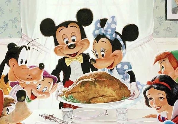 Mickey, Minnie, Doppy, Goofy, Peter Pan, and Snow White at the Thanksgiving table