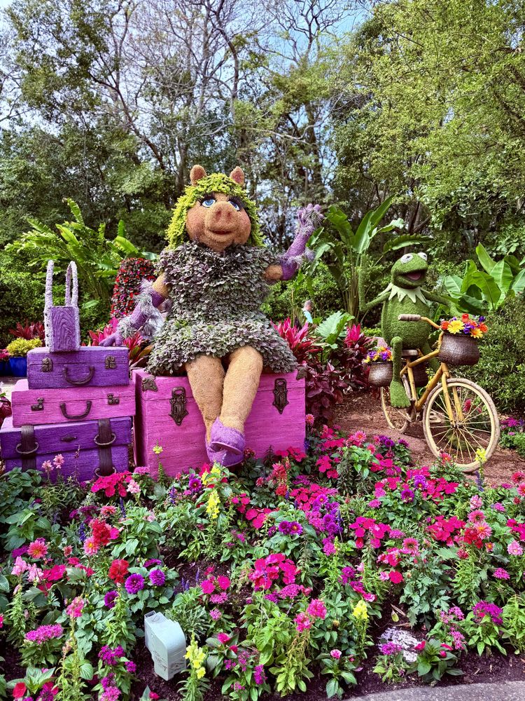 Miss Puggy and Kermit topiary.