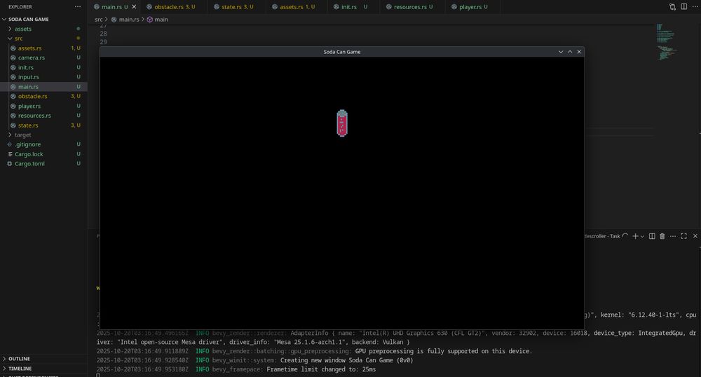 A screenshot of my game in a window that is on top of a Visual Studio Code window, which is where the code for the game is being written.