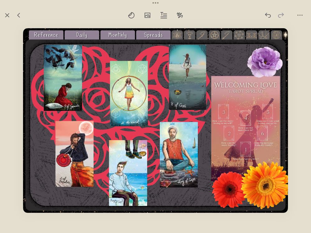 A tarot spread in a digital tarot notebook. It is decorated with a heart sticker and flower stickers. The cards pulled are from the Light Seer’s Tarot Deck. 1. Page of Cups 2. Two of Pentacles 3. Nine of Swords 4. The World 5. Eight of Cups 6. King of Cups