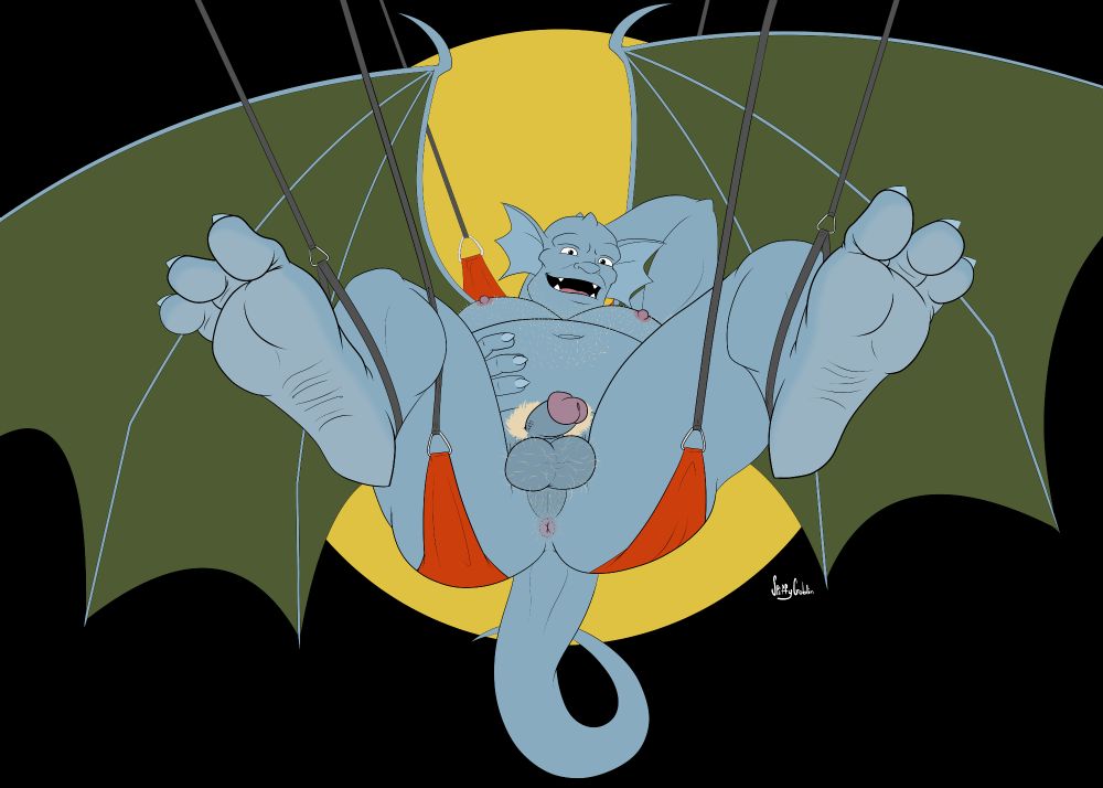 Bara porn drawing of Broadway from Gargoyles, lounging in a sex sling while showing off his big meaty soles, his junk, and his pink hole. In this version, he has a thick blond bush, with matching chest, belly, and facial hair.