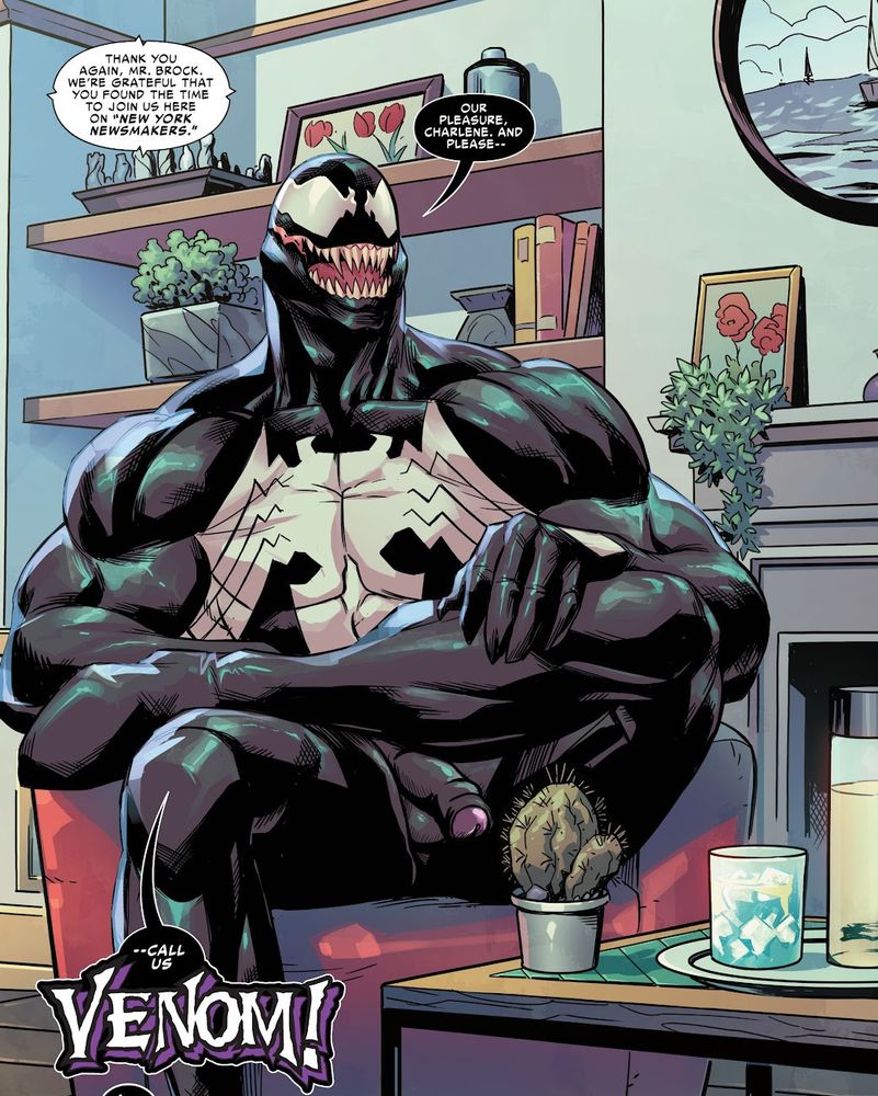 Comic panel of Venom relaxing in a chair, edited to show his dick and balls.