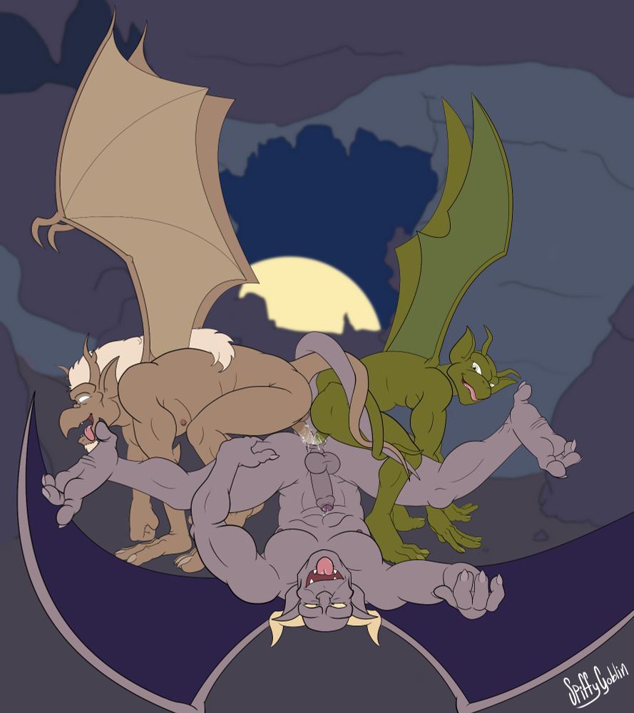 Three members of Demona's clan, which were featured in Gargoyles S2 episodes 9-12 ("City of Stone," parts 1-4). They don't have official names, but based on a script for the comics some fans refer to them as Brooksbro (left, aka Brooklyn's brother), Kermit (right), and Second (bottom). #gargoyles #bara #rule34 #gay #monster #porn #nsfw