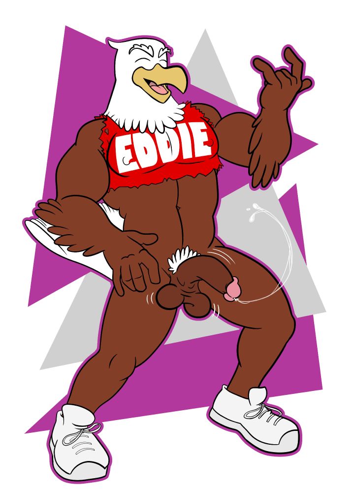 Rule34 of the NRA mascot from the 90's, Eddie the Eagle. He rocking out and doing air guitar while wearing nothing but his white sneakers and red shirt, which he's torn into a midriff tank. His gyrating is swinging his impressively floppy cock around, and there's a long arching trail of pre streaming from the tip. #furryart #furrynsfw #nsfw #anthro #avian #eagle