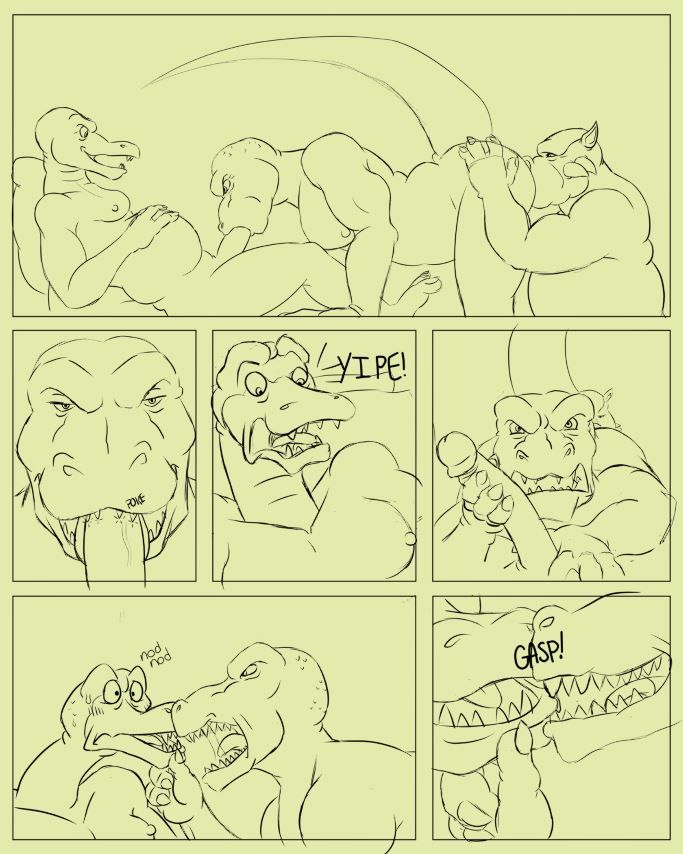 Rough rule34 comic sketch page featuring Quackpot, Genghis Rex, and Ankylo from the 80's cartoon Dinosaucers. Genghis has been fellating Quackpot, and gets upset by him, giving his dick a slight nip with his sharp teeth before yelling at him.