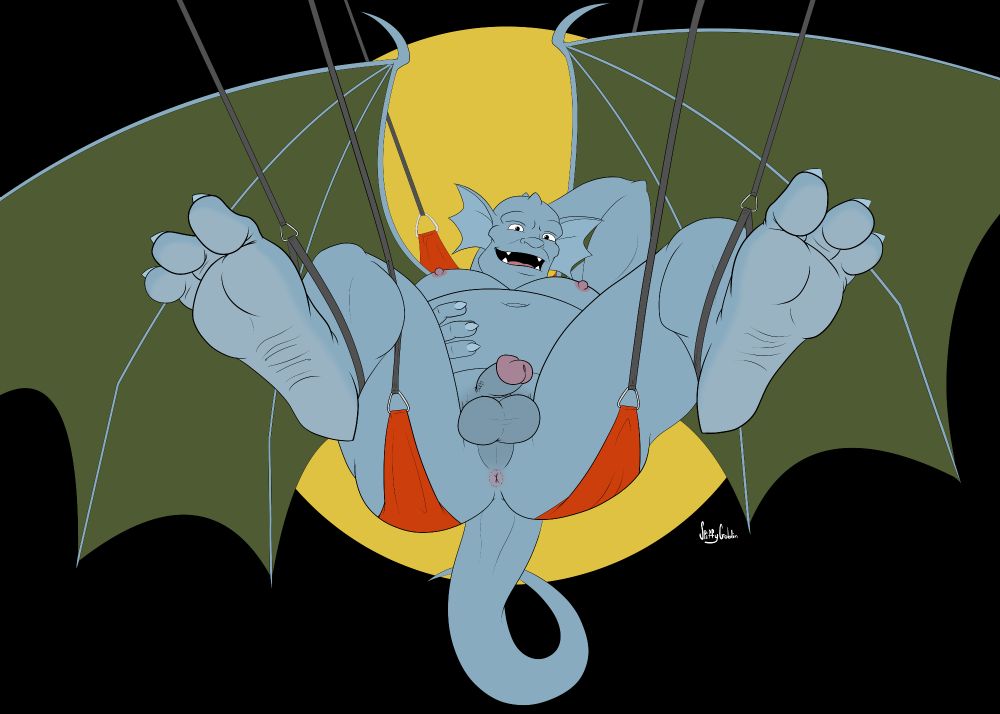 Bara porn drawing of Broadway from Gargoyles, lounging in a sex sling while showing off his big meaty soles, his junk, and his pink hole.