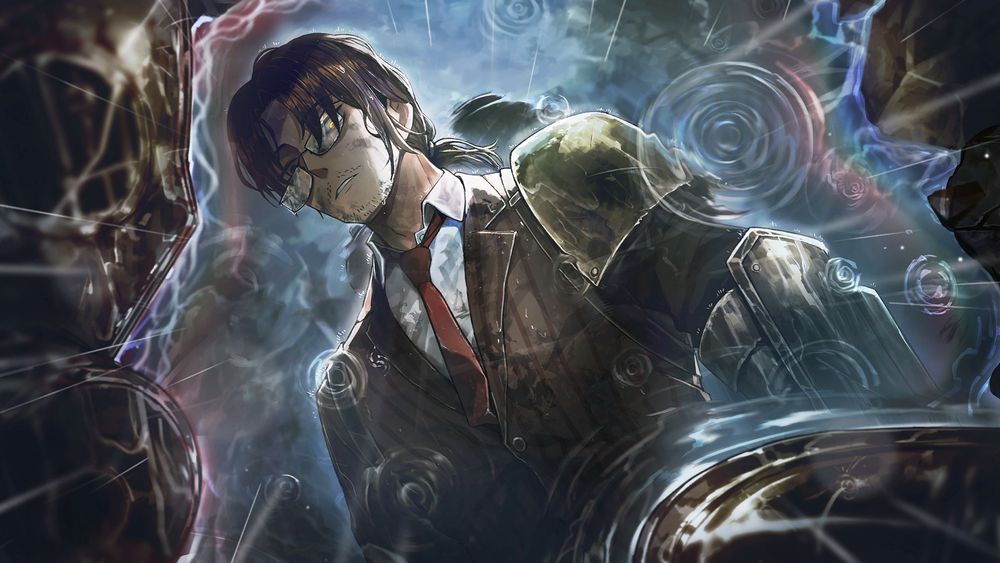 Firefist Office Survivor Gregor, depressed as he sees his reflection in the rain-muddled gasoline leaking from his canisters.