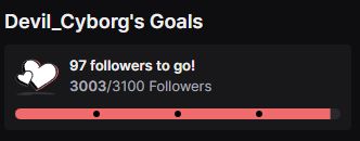 A screenshot of Devil_Cyborg's Twitch goals, showcasing a follower goal that has surpassed 3000 followers.