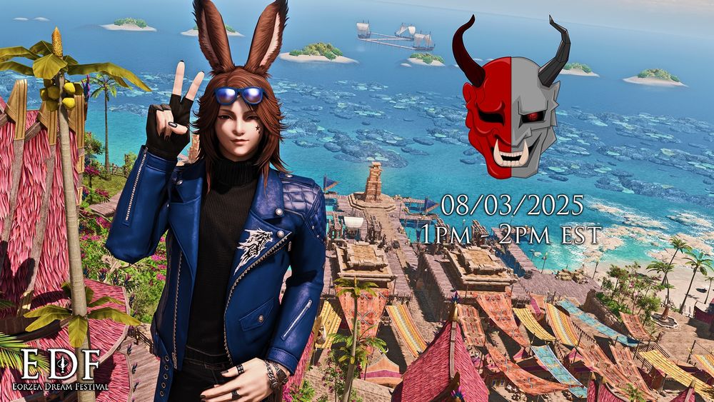 A poster for Eorzea Dream Festival. On the left is Devil Cyborg’s FFXIV character posing with a peace sign. Behind him is the city of Tulliyollal from Dawntrail. On the right shows his logo, as well as the date and time of his set, that being the 3rd of August 2025, from 1pm to 2pm EST