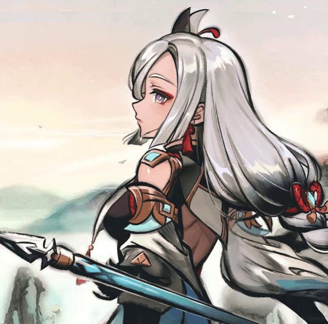 a drawing of a girl with long white hair holding a spear