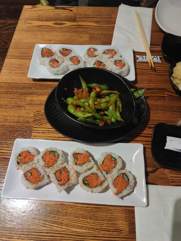 Salmon rolls (above), spicy garlic edamame (middle), spicy tuna rolls (below)