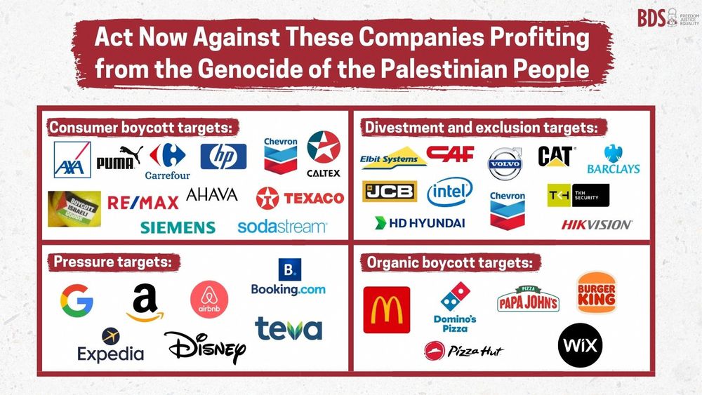 An infographic from the Boycott, Divestment, Sanctions (BDS) movement. The text at the top says "Act Now Against These Companies Profiting from the Genocide of the Palestinian People". Below is a box split into four sections. The top left section is labelled "Consumer boycott targets". Included companies are Axa, Puma, Carrefour, HP, Chevron, Caltex, Re/Max, Ahava, Texaco, Siemens, and Sodastream, along with a call to boycott Israeli products. The top right box is labelled "Divestment and exclusion targets". Included companies are Elbit Systems, CAF, Volvo, CAT, Barclays, JCB, Intel, Chevron, TKH Security, HD Hyundai, and Hikvision. The bottom left box is labelled "Pressure targets". Included companies are Google, Amazon, AirBNB, Booking.com, Expedia, Disney, and Teva. The bottom right box is labelled "Organic boycott targets". Included companies are McDonald's, Domino's Pizza, Papa John's, Burger King, Pizza Hut, and Wix.