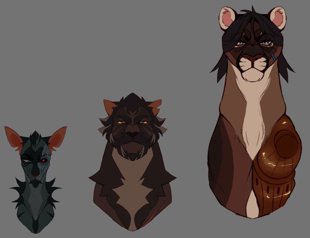  A picture of characters from the show Arcane as cats. One on the left (Silco) is dark grey with black stripes, one one right (Vander) is large and brown, on far right (Sevika) a large puma with a mechanical arm