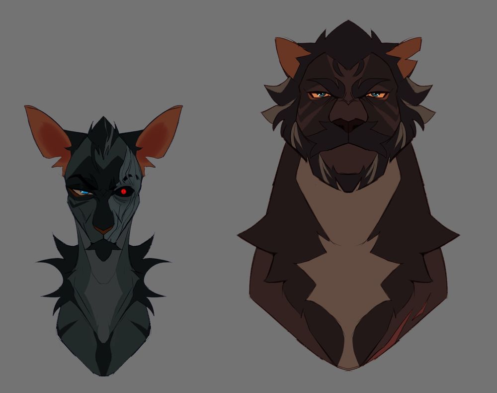  A picture of characters from the show Arcane as cats. One on the left (Silco) is dark grey with black stripes, one one right (Vander) is large and brown.