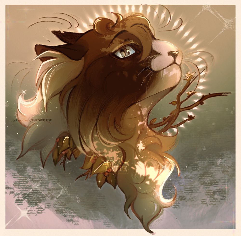A digitally painted portrait of a brown cat facing left with foliage and twigs in the background. There's a halo of stars around it. 