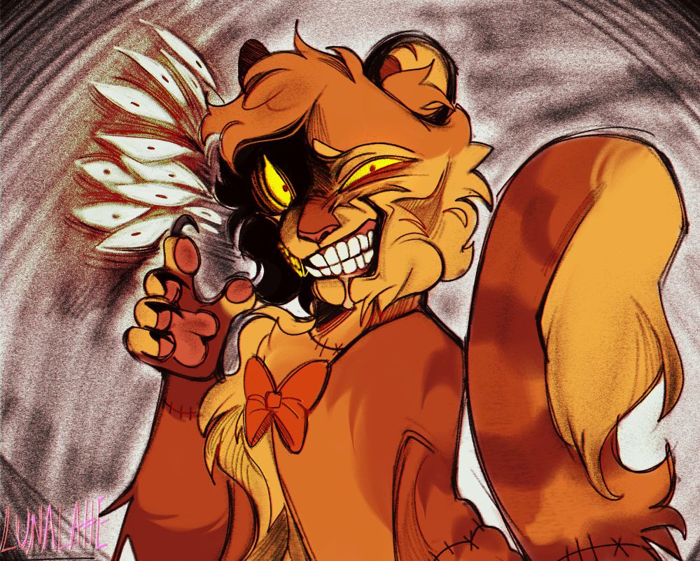 A sketchy doodle of an unhinged scraggly cat with a wide smile and human teeth. He's drooling, and there are multiple eyes in the background looking at the viewer.