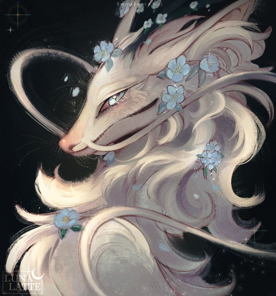 A digitally oil-painted portrait of a white dragon with long whispy fur and whiskers. Theres blue flowers in their fur.