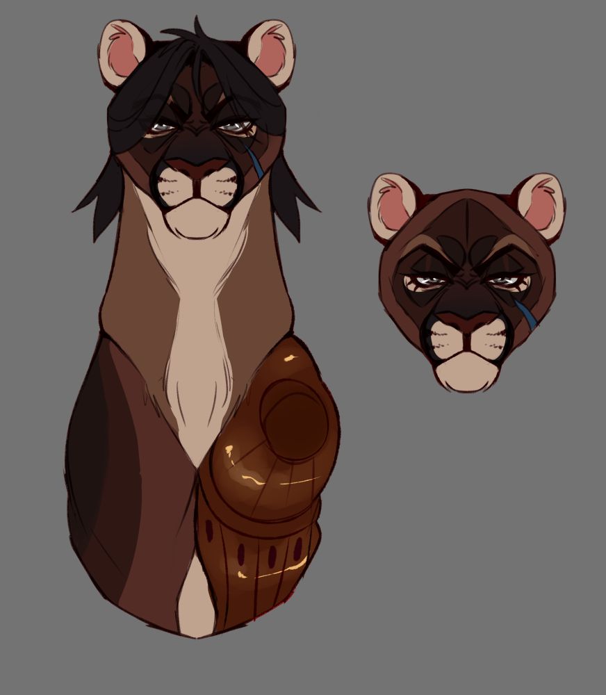 Cat au design for the character Sevika from the show Arcane. Designed to be a large puma with a mechanical arm. 