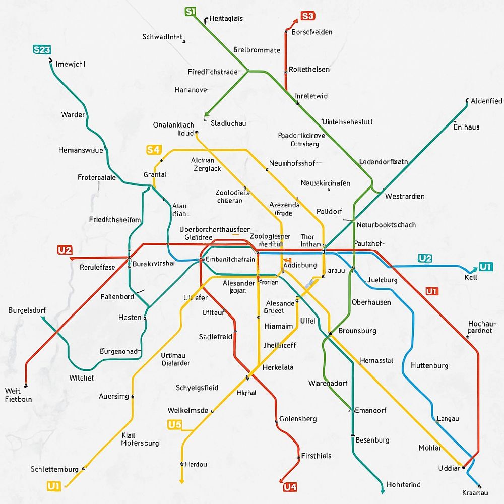 von ChatGPT erstelltes Öffinetz Berlin. Einige wenige Namen erinnern an Berliner Stationen, die Linien sind irgendwas, aber mit Sicherheit nicht real. Wahrscheinlich finden sich Stationen anderer Städte wieder.