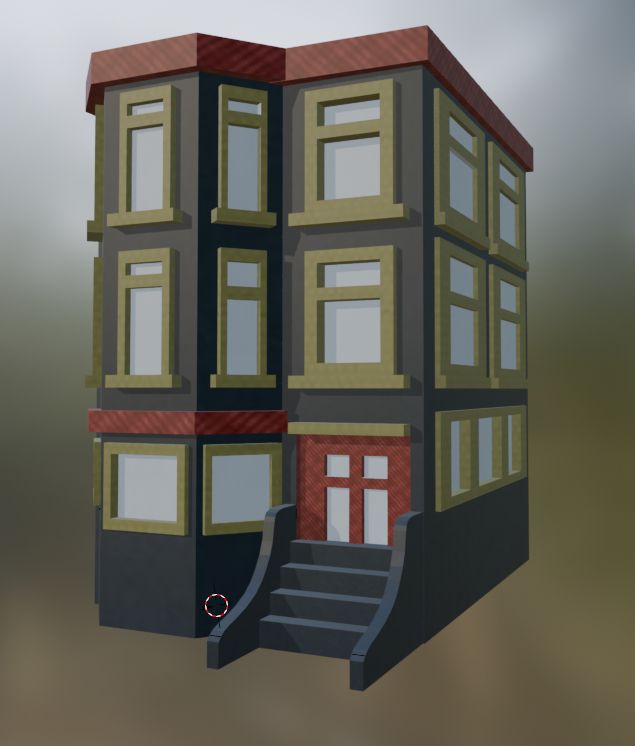 A screen shot of a 3D model I made in blender that resembles a brownstone apartment building from NYC.