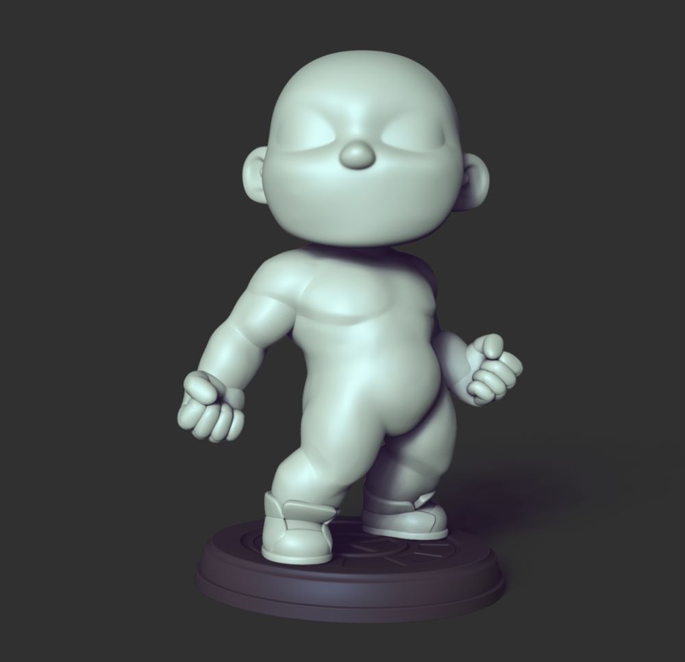 A 3D-rendered digital model of a blank, undecorated action figure in a bold superhero stance, rendered in ZBrush with smooth, polished surfaces. The figure stands with clenched fists, a broad-shouldered torso, and minimalist facial features, leaving room for custom expressions. Its design includes stylized sneakers with clean, geometric soles and a circular base featuring recessed slots for magnets. The model’s androgynous face, untextured hair area, and absence of costume details emphasize its role as a customizable base for digital or physical artists. Part of the Li’l FAB•!T series by HarperCrafthall, this 3D-printable figure is designed for resin or FDM printing, with modular head, body, and base components to encourage remixing, sculpting, or digital kitbashing.