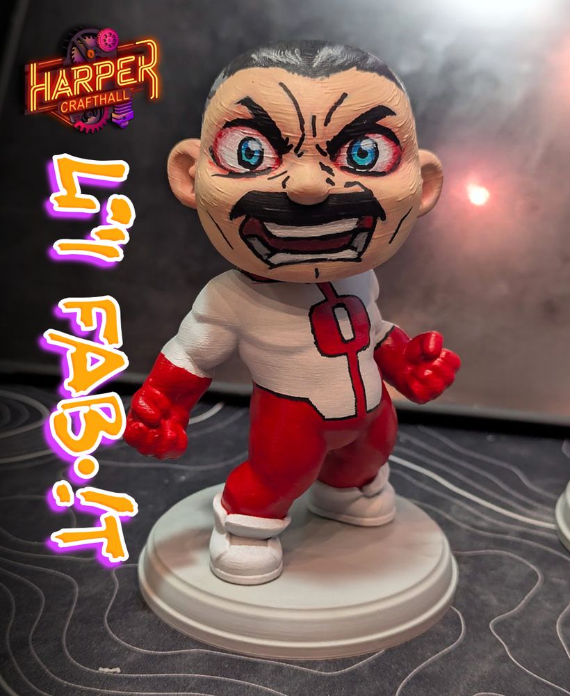 A 3D-printed customizable action figure styled as Omni-Man from Invincible, standing in a powerful superhero pose with clenched fists. The figure has a muscular, minimalist design with smooth surfaces ideal for painting. This version features Omni-Man’s signature red-and-white costume. The face is hand-painted with sharp, determined eyes and a bold Vitrumite mustache. The figure wears stylized sneakers and stands on a circular base with embedded magnets for easy posing and head swaps. The matte finish contrasts with glossy red paint, giving it a premium designer toy aesthetic. Created by HarperCrafthall as part of the Li’l FAB•!T series—a blank-canvas figure meant for custom painting and modular customization.