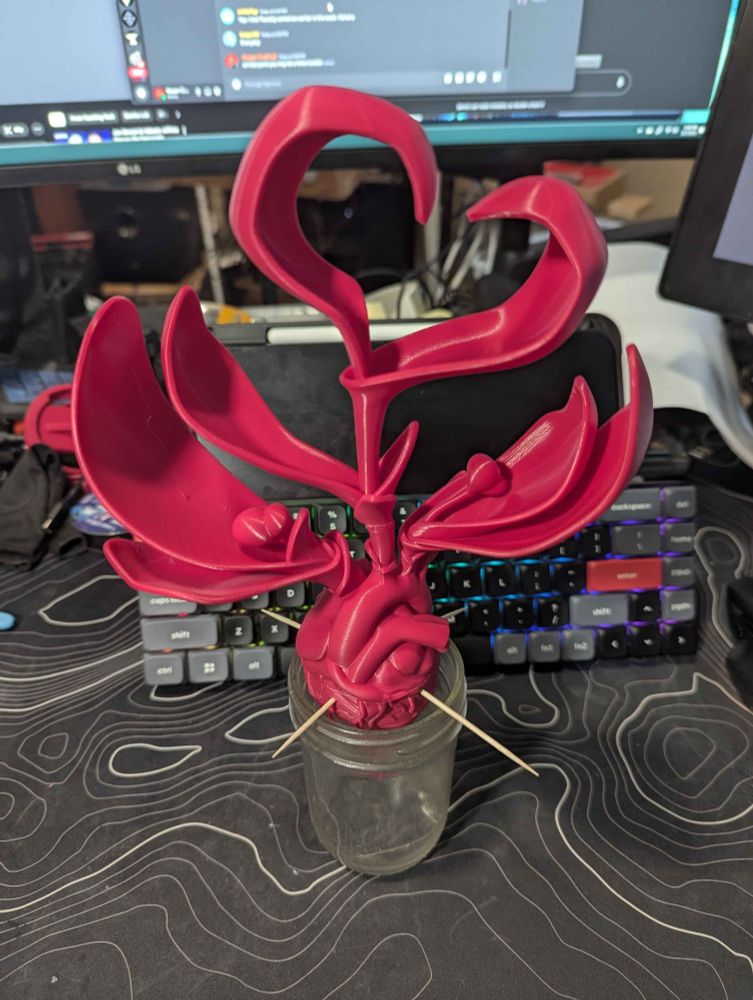 A bright magenta 3d printed heart held in a mason jar with toothpicks, sprouting into a weird heart-shaped plant