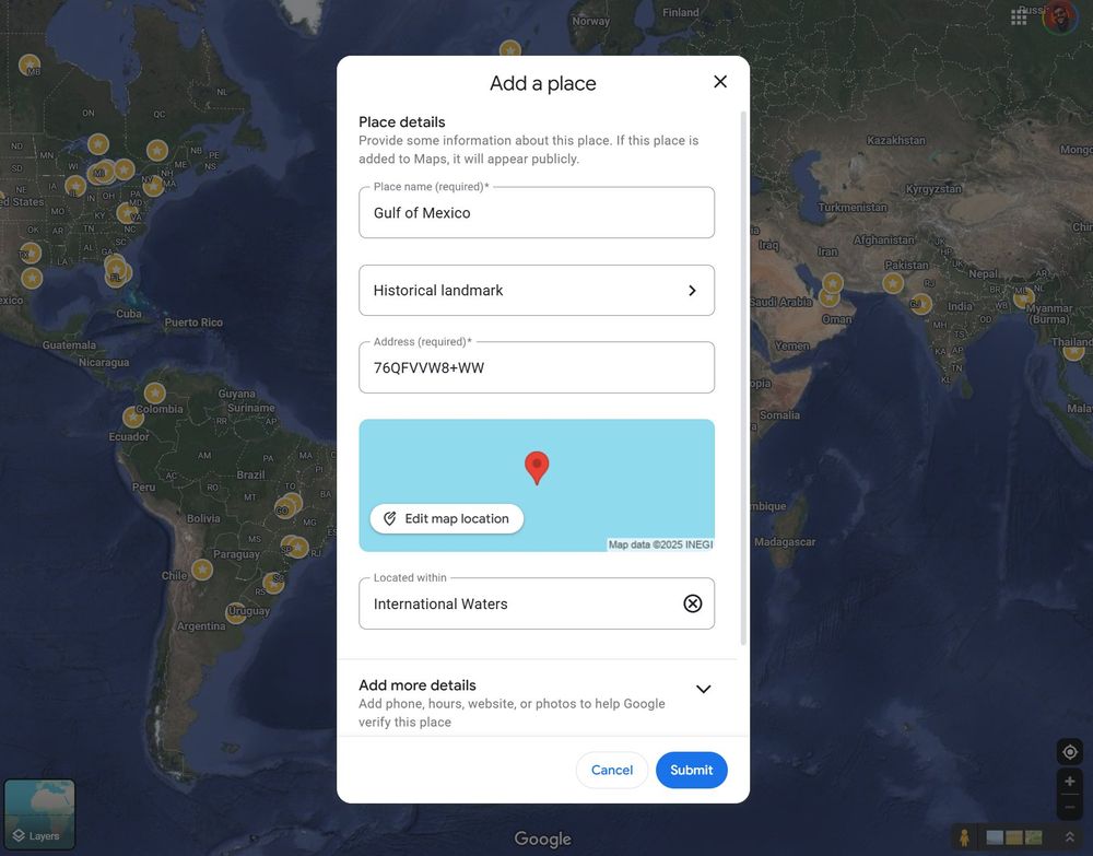 Screenshot of google maps "report a missing place" interface.
Filled in with the Gulf of Mexico missing from International Waters