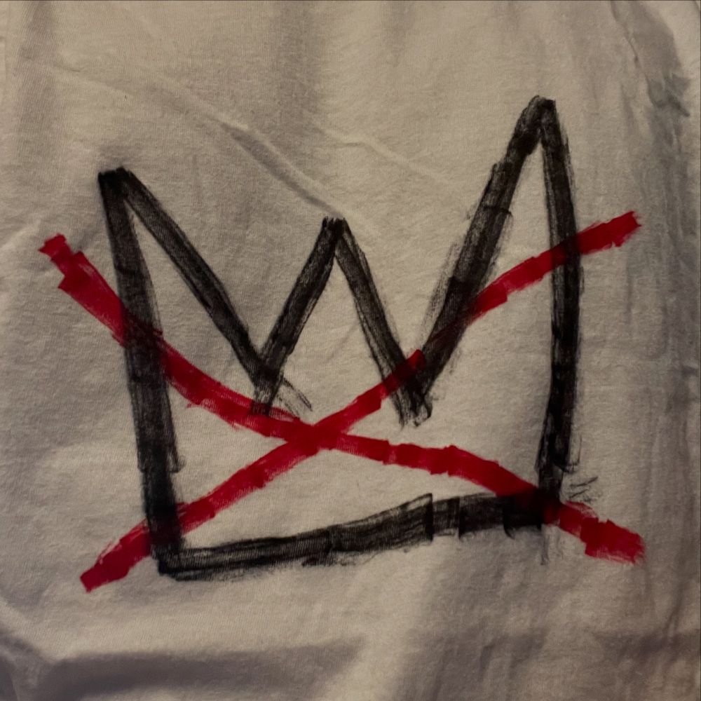 Homemade No Kings t-shirt, red X over a black crown