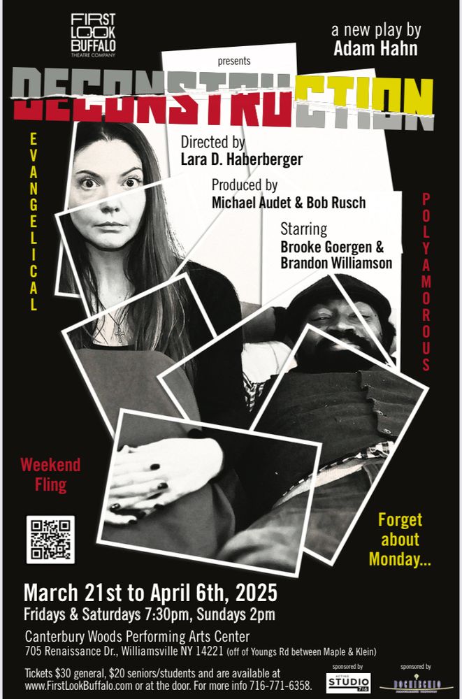 Poster for the play Deconstruction by Adam Hahn, presented by First Look Buffalo Theatre Company, March 21 to April 6, 2025