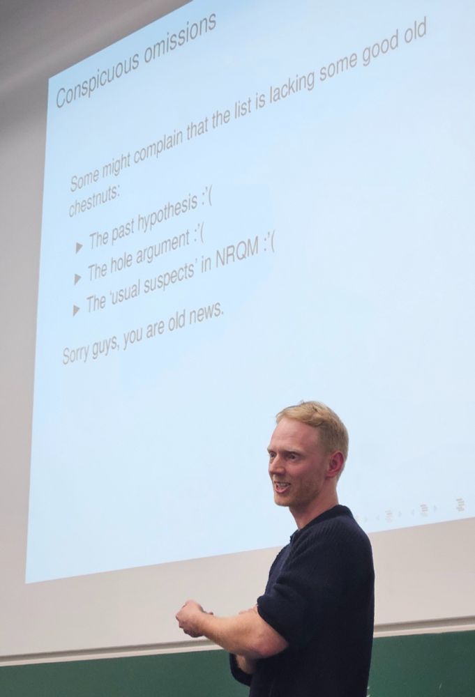 James in front of a slide: some might complain that the list is lacking... past hypothesis, hole argument, usual suspects... sorry guys you are old news.