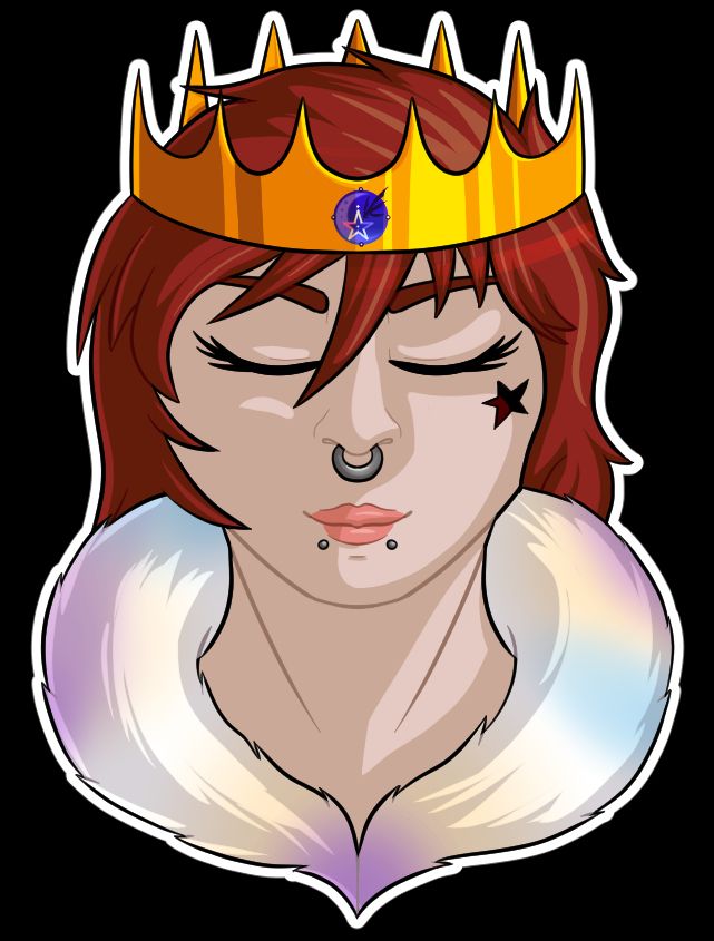 Eternity, a woman with a human-like appearance, faces towards the camera, eyes closed with a subtle smile on her face. She has long red hair, a dark start on one cheek, and piercings including two studs through her lower lip, and a ring through her nose.
She's adorned in royal attire - a white fur trim around her neck, with iridescent yellows blues and purples shining throughout. Atop her head she wears a gold crown, with a small design on the front - a blur circle with a subtle moon, a multicolored star, and a black feather all held within.