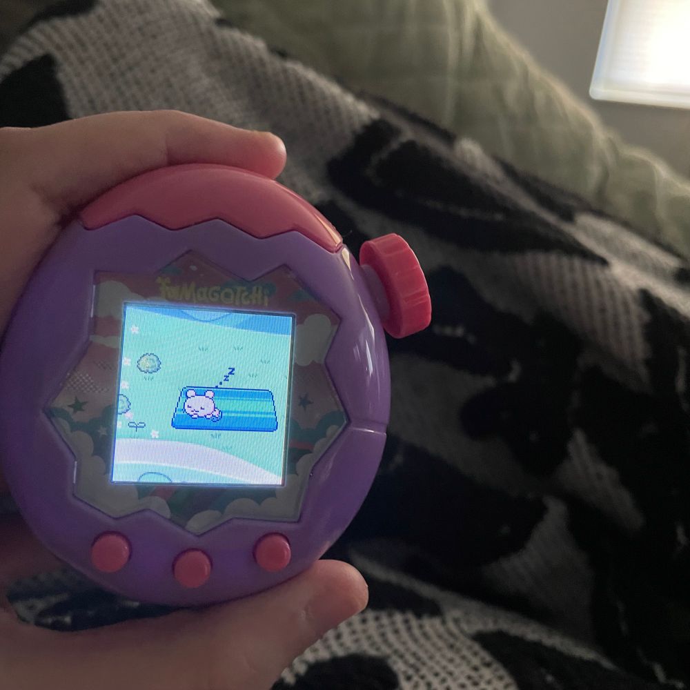 picture of someone offscreen holding a tamagotchi paradise device up to the camera, said device displaying a cartoony pink rat sleeping on a mat, a bat-patterned blanket in the foreground