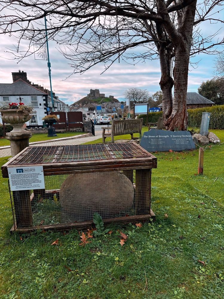 Location of the Criccieth stone of strength with the castle beyond.