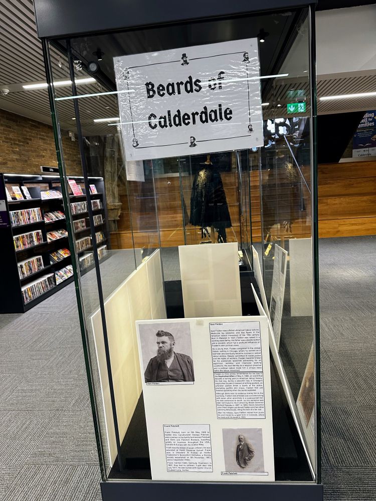 A curated “Beards of Calderdale” display in Halifax Library.