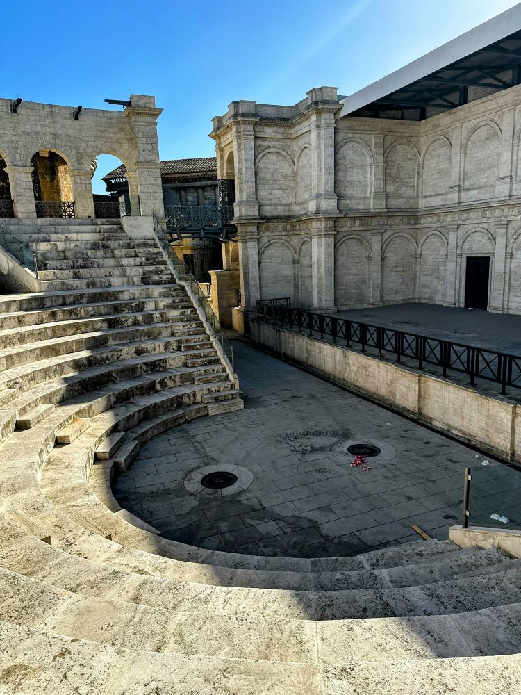 Roman amphitheatre sets at the Cinecittà film studios in Rome.
